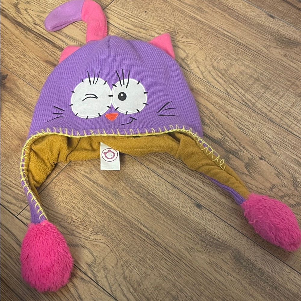Purple Cat Ear Knit Hat with Pink Accents